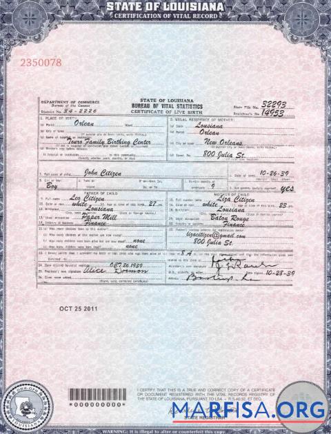 Downloadable USA Louisiana birth cert sample